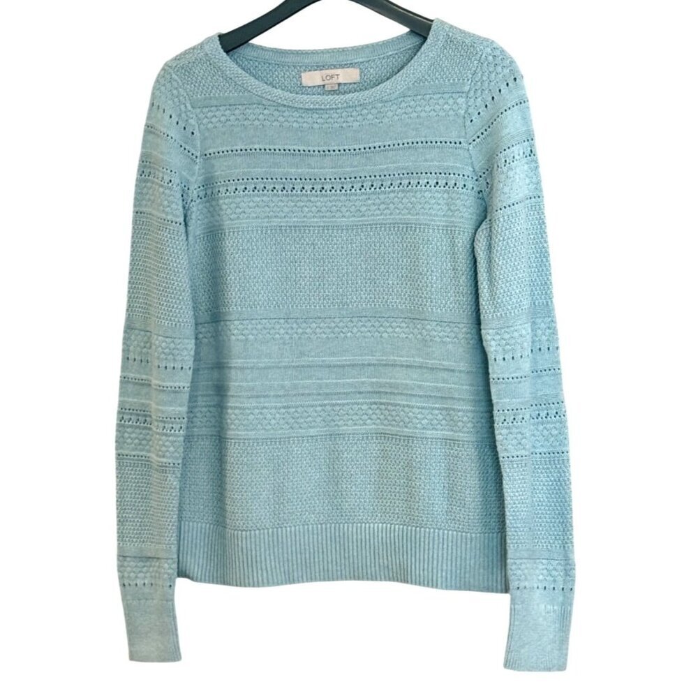 Loft Women's Mixed Stitch Textured Sweater Blue Long Sleeve Cotton Size Small